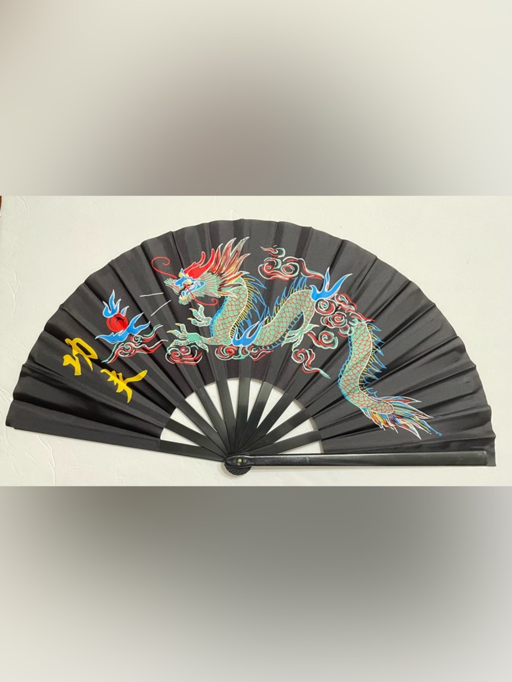 CHINESE MARTIAL ART  BLACK PLASTIC KUNG FU TAI CHI TRAINING FAN-Dragon